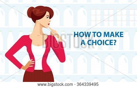 Woman Is Thinking. Woman Decides. A Housewife In Red With Dark Hair. The Woman Makes A Decision. Mak