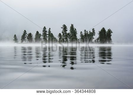 Fog-covered Trees On The Shore Of A Mountain Lake Are Reflected In The Water In The Ulagansky Distri