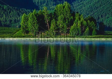 The Forest Is Reflected In The Waters Of A Mountain Lake In The Ulagansky District Of The Altai Repu
