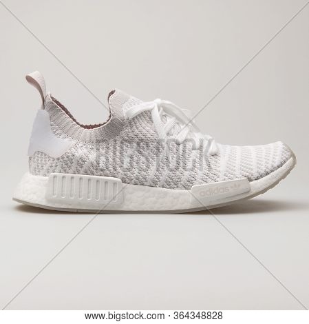 Vienna, Austria - February 19, 2018: Adidas Nmd R1 Stlt Pk Knit White And Grey Sneaker On White Back