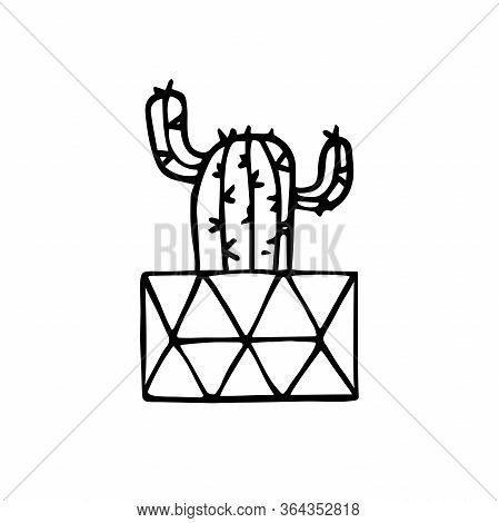 Doodle Cactus In A Faceted Pot. Scratchy Hand-drawn Succulent With Poly Flower Pot. Black Outline Of