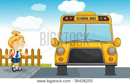 illustration af pige og skolebus i naturen