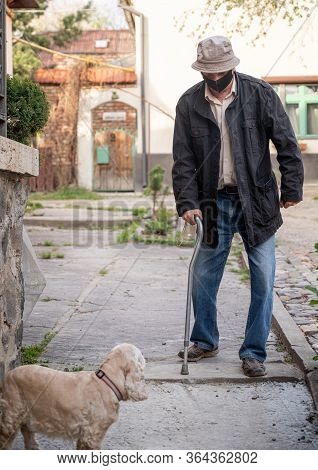 Senior Man In Protective Mask With A Cane Walking With A Dog In Sunny Day