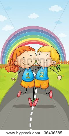 yol ve rainbow ile çalışan bir kız resmi