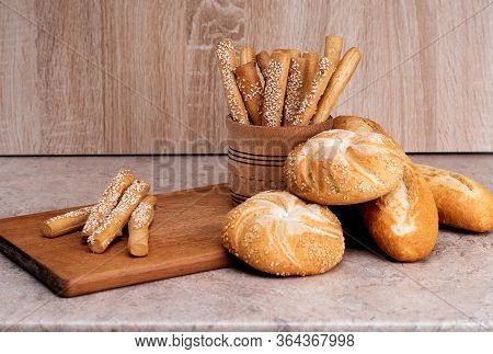 Сrisp Bread With Buns. French Baguettes. Fresh Crispbread. Bread Background. Different Breed  On Woo