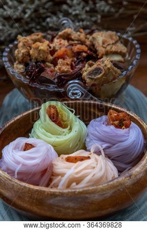 Rice Noodles With Spicy Pork Sauce Or Nam Ngiao Rice Noodle (traditional Northern Thai Cuisine). Nam