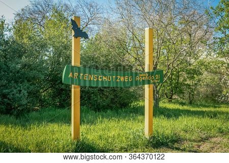 Teltow, Brandenburg, Germany - April 22, 2020: A Name Sign Along The Nature Trail 