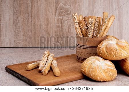 Сrisp Bread With Buns. French Baguettes. Fresh Crispbread. Bread Background. Different Breed  On Woo