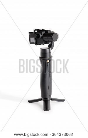 Gimbal With Action Camera. Close-up. Isolated Over White Background.