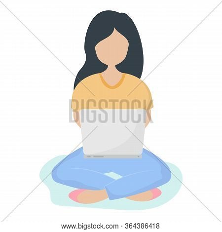 Girl With Laptop Sitting On The Floor.