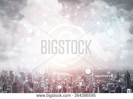 Global Cybersecurity Mixed Media With Virtual Locking Padlock On Cityscape Background. Data Cryptogr