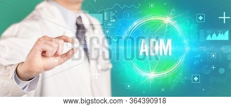 Close-up of a doctor giving you a pill with adm abbreviation, virology concept
