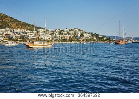 View Of The Gumusluk Bodrum Marina, Sailing Boats And Yachts In Bodrum Town, City Of Turkey. Shore A