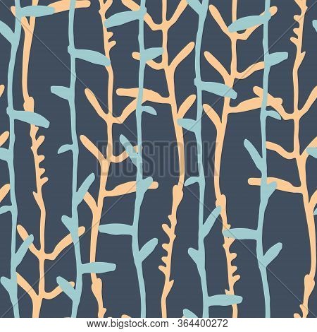 Seamless Pattern With Pinstripes Of Hand Drawn Herbs For Surface Design, Textile, Fashion Industry A