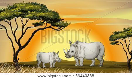 Abbildung von zwei Rhinocerous unter dem Baum
