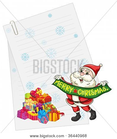 illustration of sntaclause, gift boxes and paper note on a white