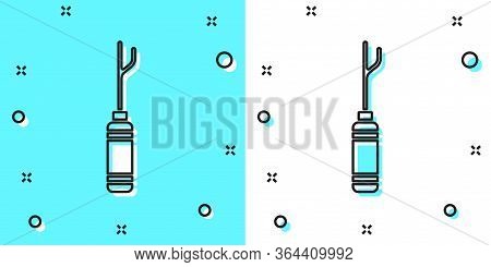 Black Line Awl Tool With Wooden Handle Icon Isolated On Green And White Background. Work Equipment T