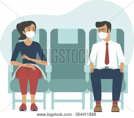 Passengers Wearing Protective Medical Masks Travel by Airplane. new Seating Regulations On Flights. 