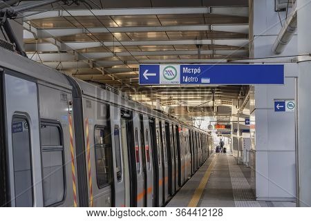 Athens, Greece - October 28 2017: Empty Metro Train Stopped At Station. Coach Without Passengers Wit