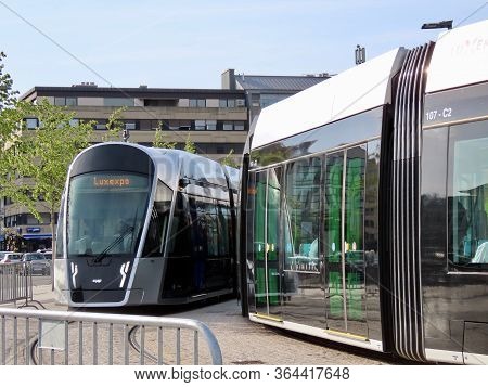 Luxembourg City, Luxembourg - June 25, 2019. New Very Modern Trams, Big Capacity, Comfortable, Fast,