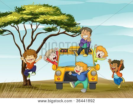 illustration af børn og skolebus i naturen
