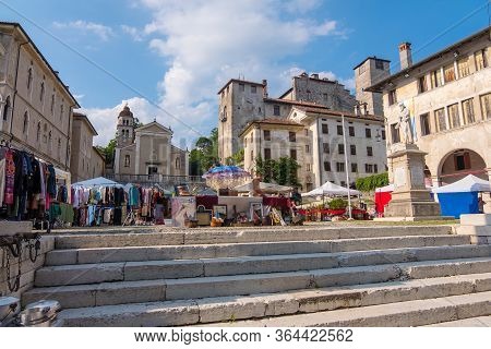 Feltre, Italy - August 11, 2019: Flea Market On Maggiore Square Or Piazza Maggiore In Feltre Town In