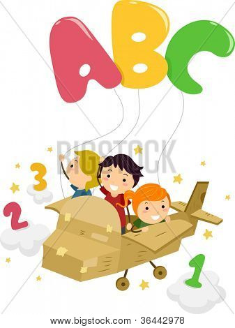 特色孩子在飞机上玩着字母和数字的插图