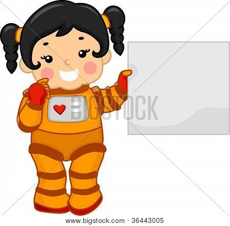 Obrázek dívky drží prázdné desky, zatímco na sobě skafandr