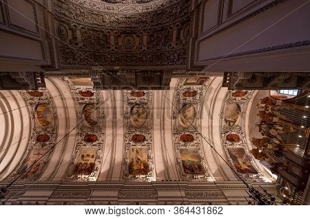 Feb 3, 2020 - Salzburg, Austria: Ceiling Mural Of Nave And Aisle Inside Salzburg Cathedral Aisle Wit