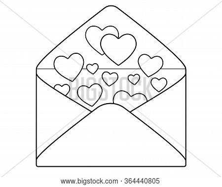 Envelope With Hearts. Open Envelope With A Love Message - Vector Linear Picture For Coloring. Open E