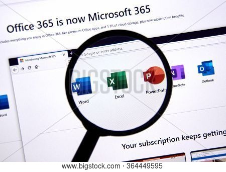 Montreal, Canada - April 26, 2020: Microsoft 365 Web Page. Microsoft 365 Is A Cloud Based Subscripti