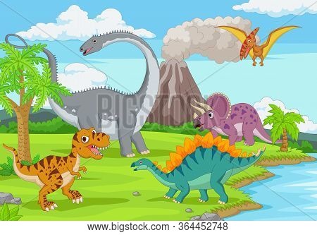 Vector Illustration Of Group Of Funny Dinosaurs In The Jungle