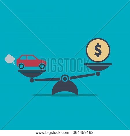 Car And Money On Scales Icon. Scales With Car And Dollar Coin In Flat Style. Buying Car Concept. Vec