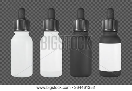 Vape Or Cosmetic Bottle With Pipette. White And Black Vial With Label. Realistic Vector Mockup.