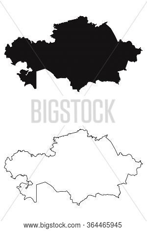 Kazakhstan Country Map. Black Silhouette And Outline Isolated On White Background. Eps Vector