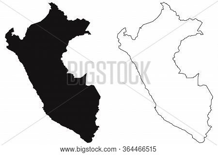 Peru Country Map. Black Silhouette And Outline Isolated On White Background. Eps Vector
