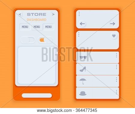 Neumorph Design On Layout Screen. Shop Landing Ui Kit. Light Color Set. Skeuomorph Trend Design. Wor