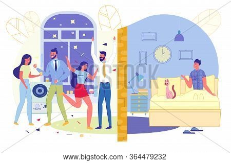 Party In Apartment Disturbs Neighbors, Slide. Two Apartments Separated By Wall. In One Party Guests 