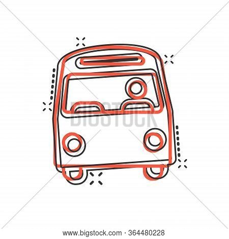 Bus Icon In Comic Style. Coach Cartoon Vector Illustration On White Isolated Background. Autobus Veh