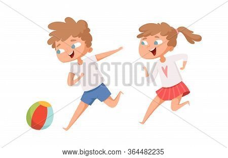 Kids Play Ball. Running Cartoon Boy And Girl. Isolated Happy Children Playing Together Vector Illust