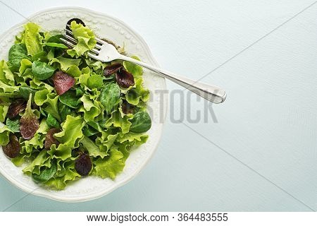 Healthy Green And Red Lettuce Salad Meal On Blue Table Background Close Up
