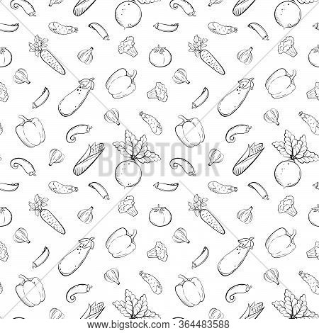 Seamless Pattern With Sketch Vegetables In Retro Style. Tomato, Garlic, Eggplant, Cucumber, Corn, Pe