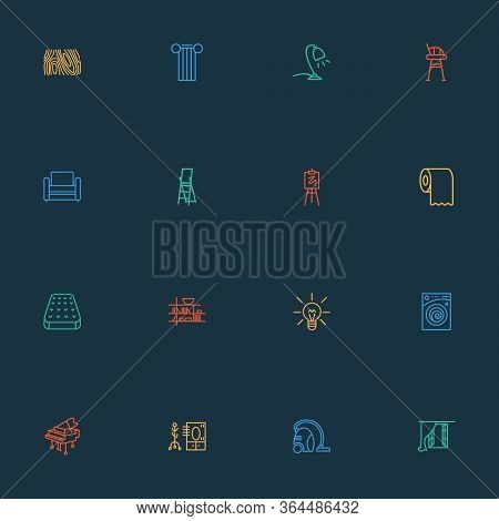 Home Decoration Icons Line Style Set With Wood Texture, Modern Armchair, Lightbulb And Other Pillar 