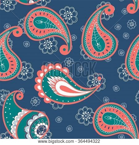 Green Floral Indian Vector Seamless Pattern. Vintage Ornament Tile. Flower Oriental Texture. Red Bea