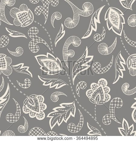Crewel Embroidery Floral Lace Needlework Vector Seamless Pattern. Hand Drawn Traditional Jacobean Ex
