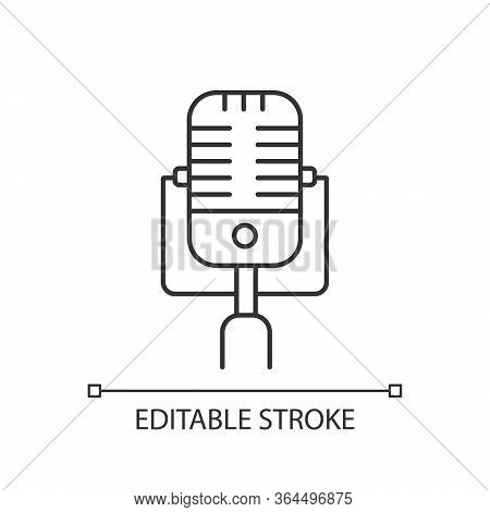 Vintage Microphone Pixel Perfect Linear Icon. Mic To Perform Live On Stage. Musical Concert. Thin Li