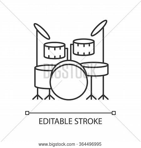 Drum Kit Pixel Perfect Linear Icon. Musical Instrument On Stage For Live Band Performance. Thin Line