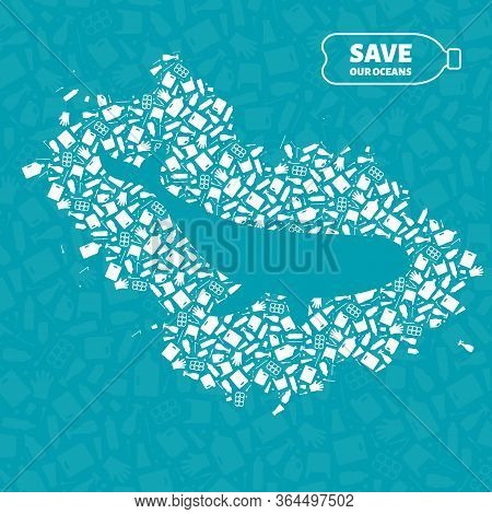 Plastic Waste Ocean Environment Problem Concept Vector Illustration. Whale Ocean Mammal Outline Cut 