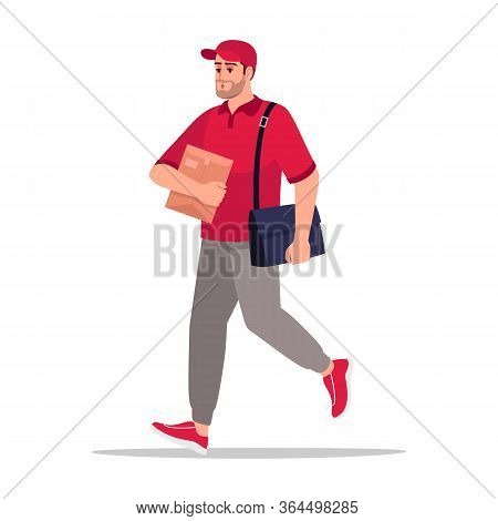 Mail Carrier Semi Flat Rgb Color Vector Illustration. Postman Walk With Order. Worker With Cardboard