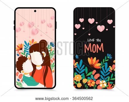 Illustration Of Mother And Child For Celebration Mothers Day. Beautiful Mobile Wallpaper Or Back Cov
